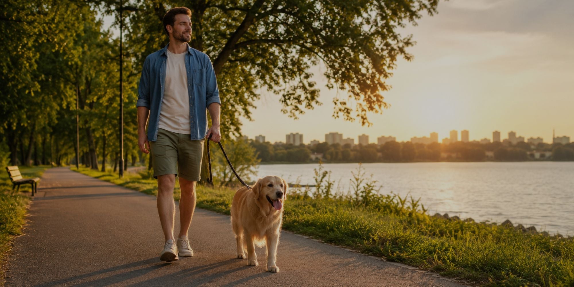 Man walking a dog along a path by a lake with a city skyline in the background