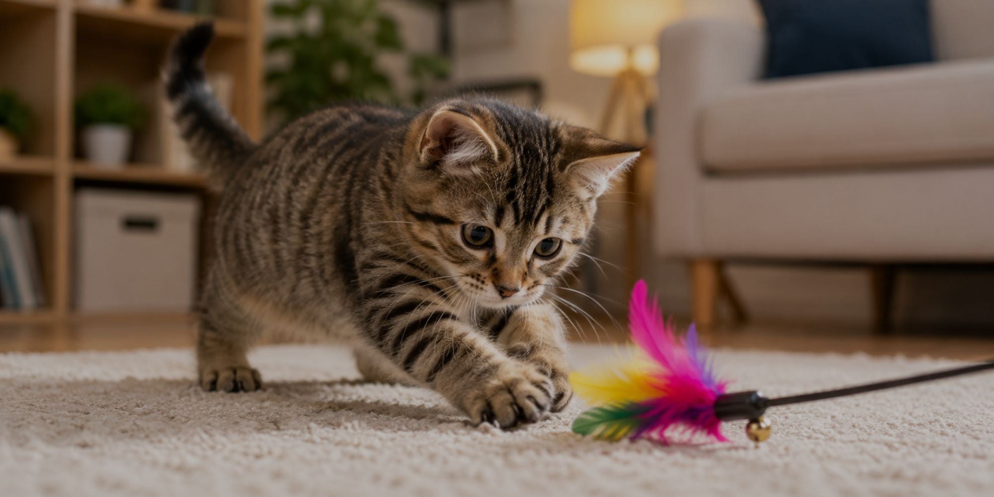 Kitten playing with a feather toy on a carpeted floor.
