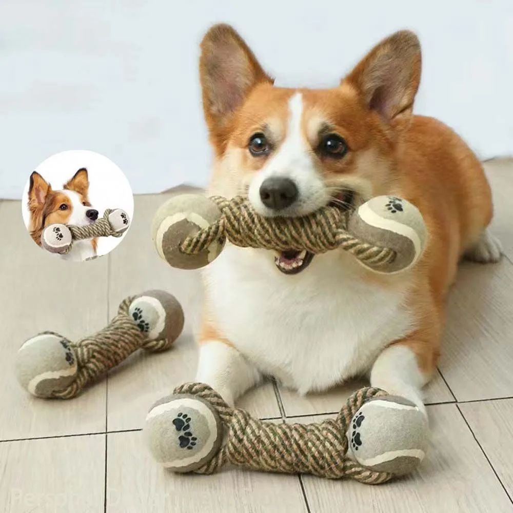 Dog Chew Toy Cotton Rope Tennis Dumbbell Rubber Ball Interactive Toy