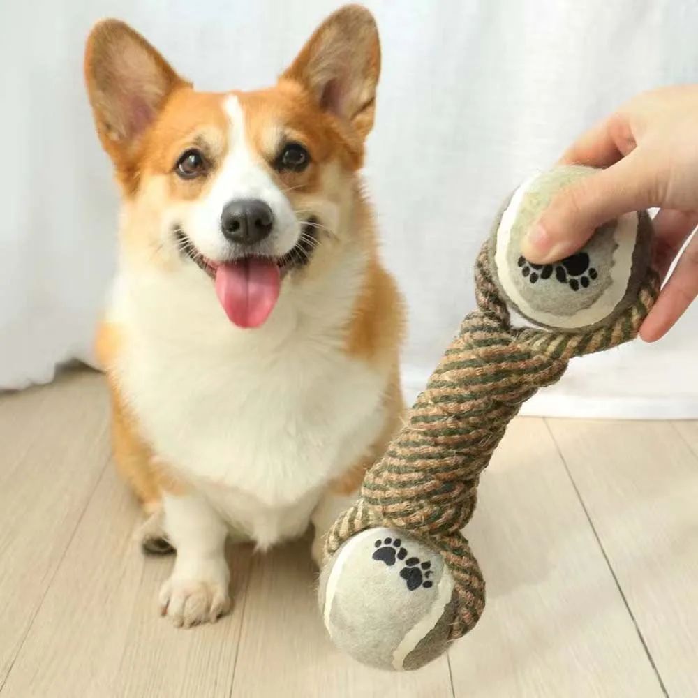 Dog Chew Toy Cotton Rope Tennis Dumbbell Rubber Ball Interactive Toy