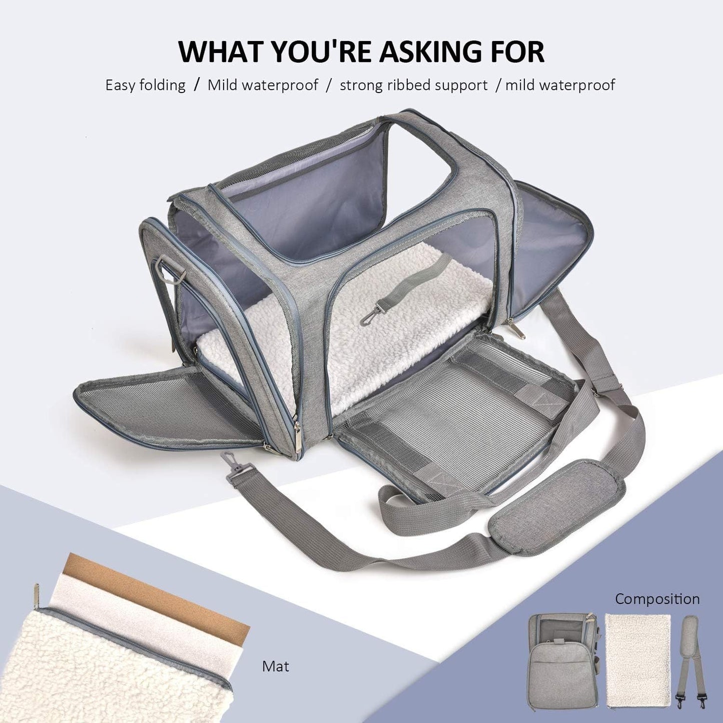 Soft Sided Dog Carrier Collapsible Travel Bag for Small Pets Grey