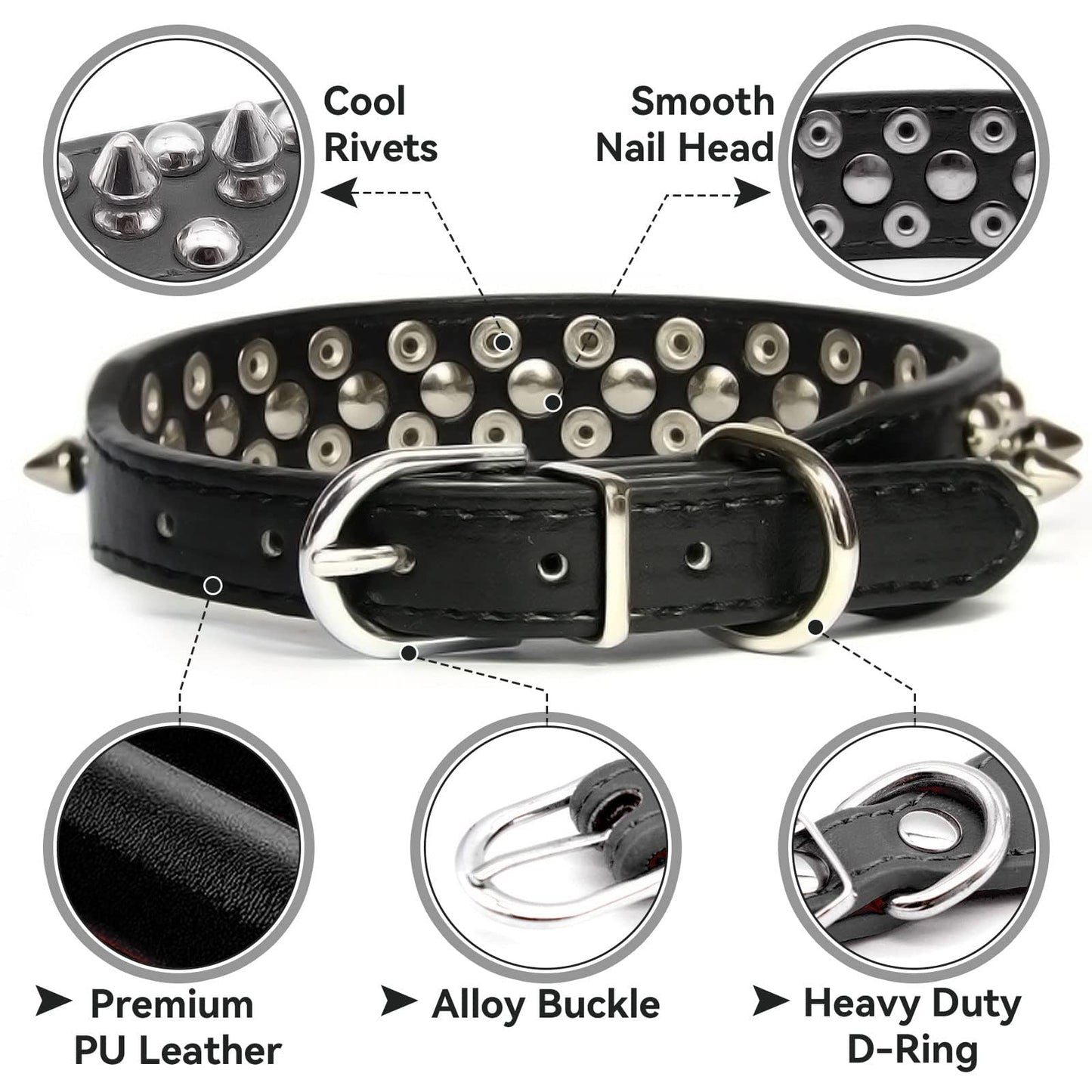 Spiked Black Adjustable Dog Collar Soft Padded Leather Punk Style