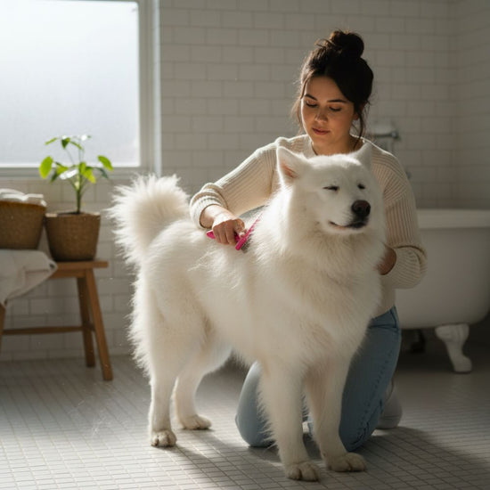 Woman grooming a white dog in a home setting