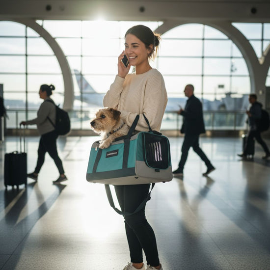 Woman holding a small dog in a pet carrier at an airport.