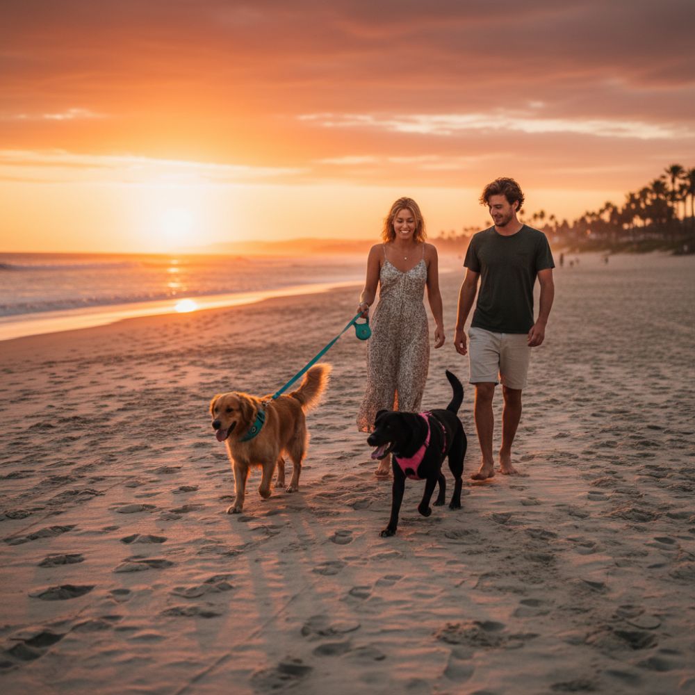 Couple walking two dogs on a beach at sunset