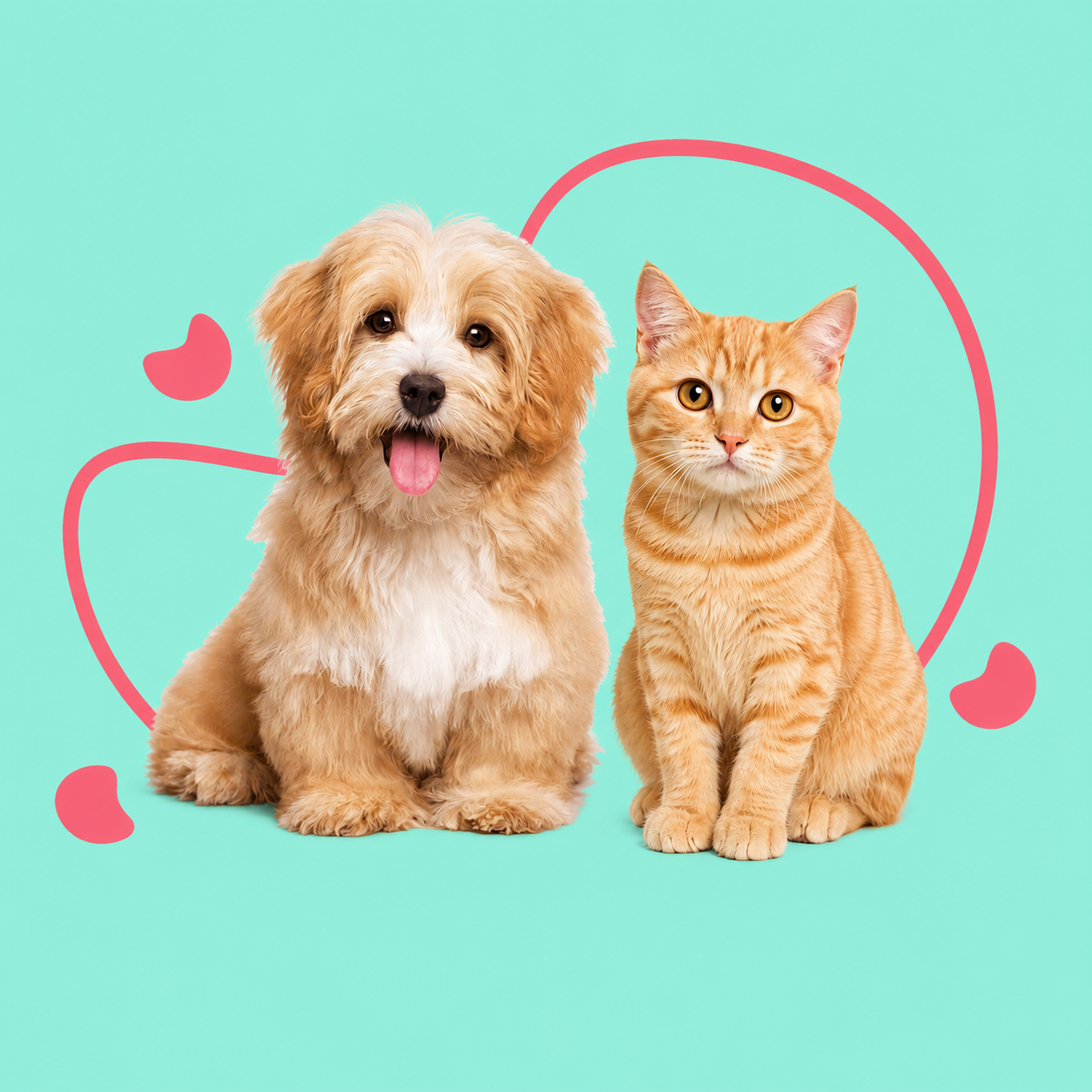 Dog and cat sitting together with a heart design on a teal background