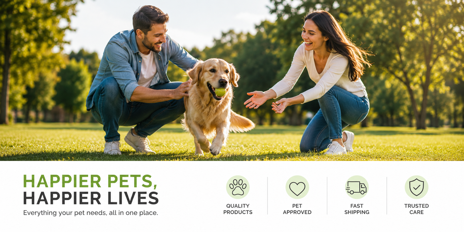 Man and woman playing with a dog in a park, with text about pet care services.