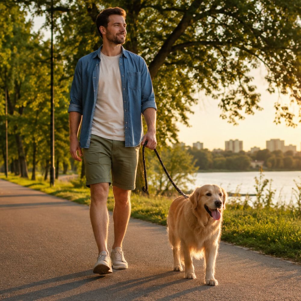 Man walking a dog on a path by a lake with trees and city skyline in the background