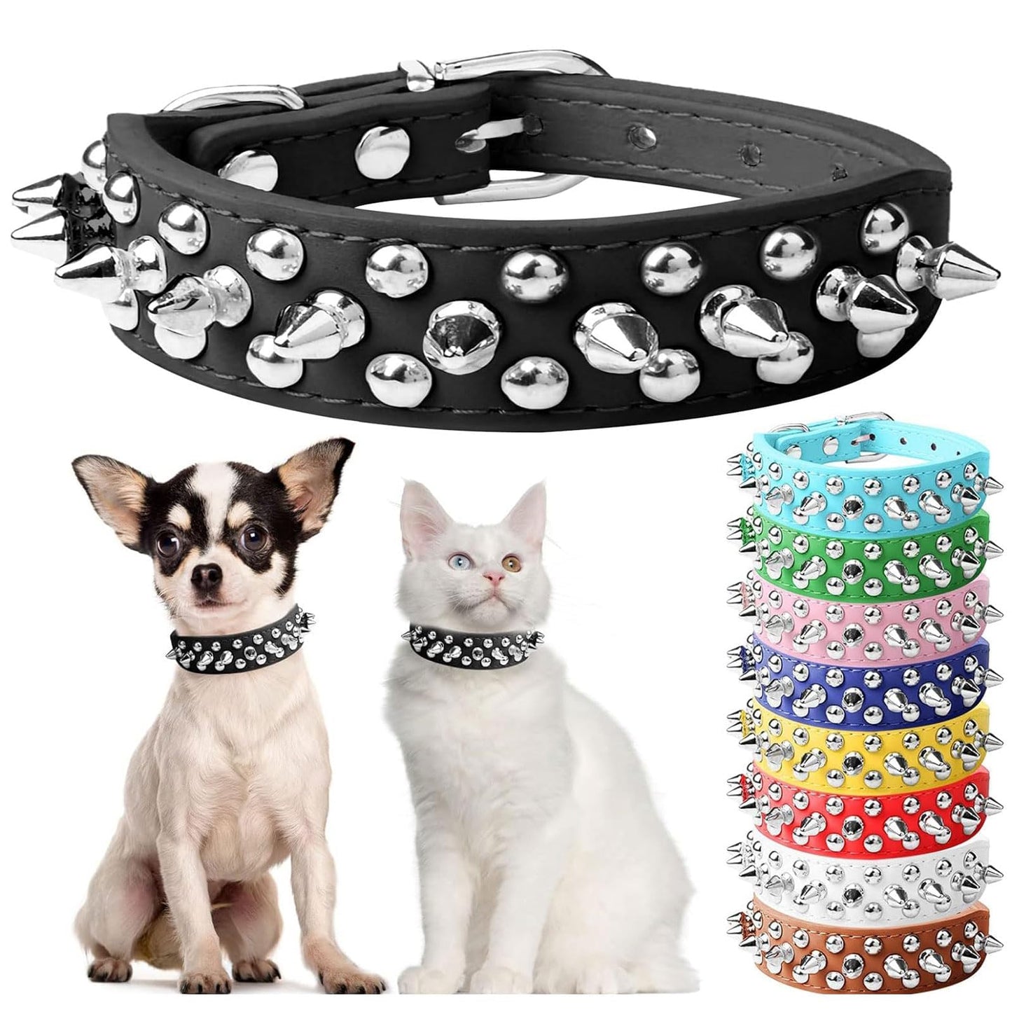 Spiked Black Adjustable Dog Collar Soft Padded Leather Punk Style