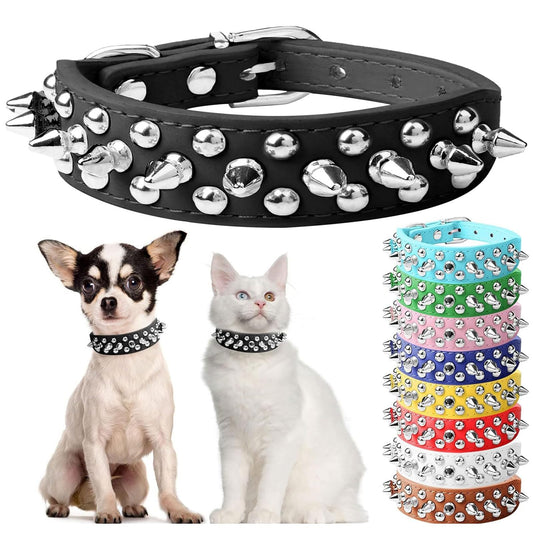Spiked Black Adjustable Dog Collar Soft Padded Leather Punk Style