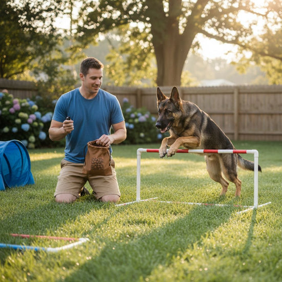 Man training a German Shepherd dog on an agility course in a backyard.