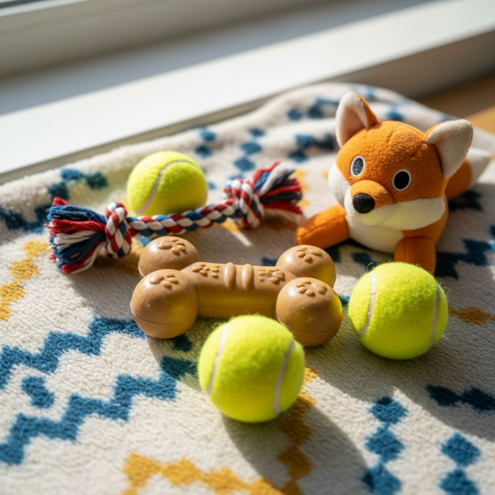 Dog toys including a plush fox, bone-shaped chew toy, and tennis balls on a patterned blanket.